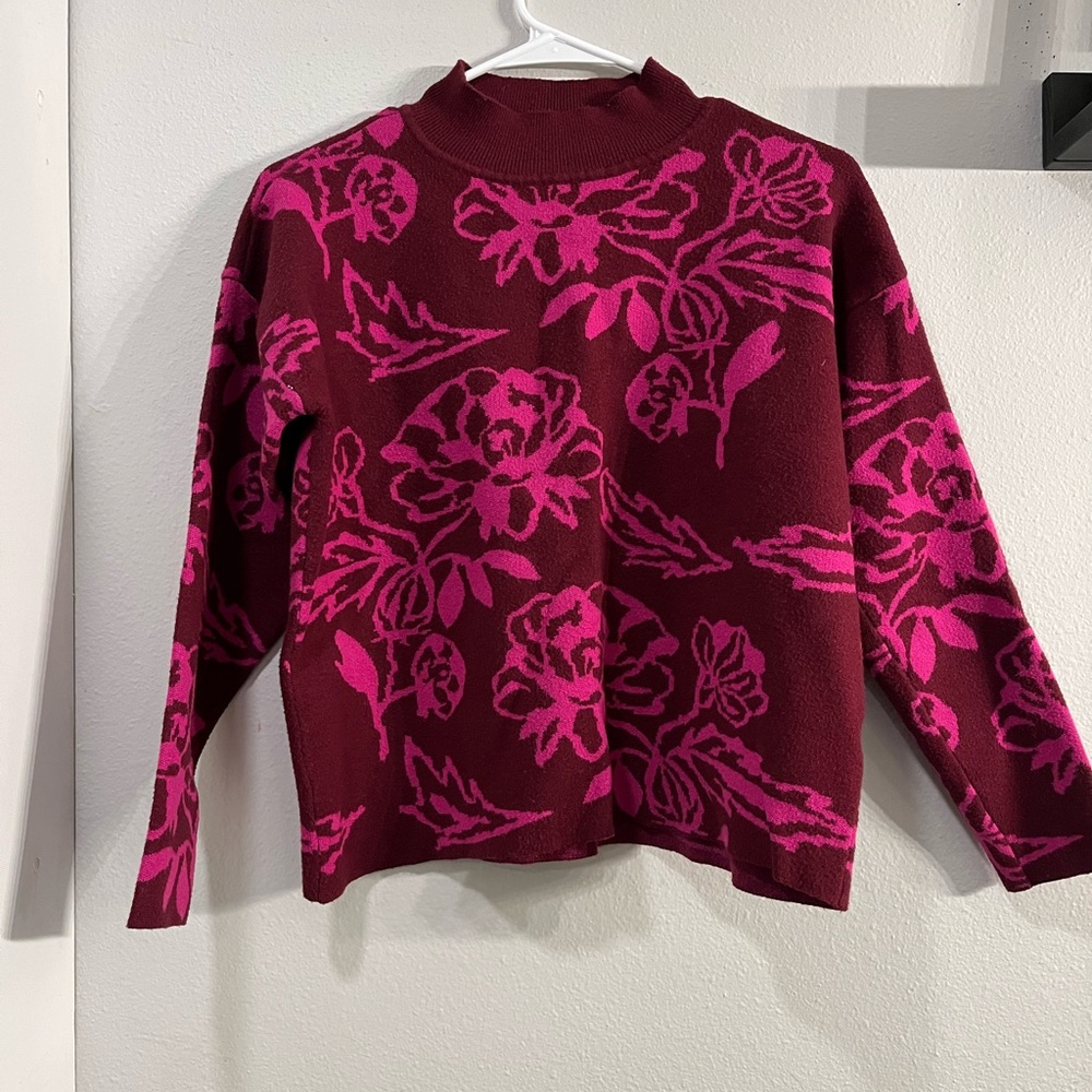 Cyrus Burgundy Pink Floral Sweater Cottagecore Romantic Knit mock turtleneck